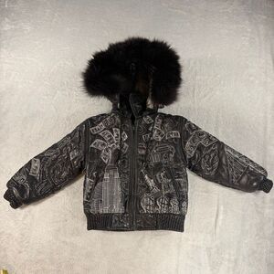 Vintage Knoles & Carter Toddler Graphic Leather Jacket Fur Hood Y2K Size Large G